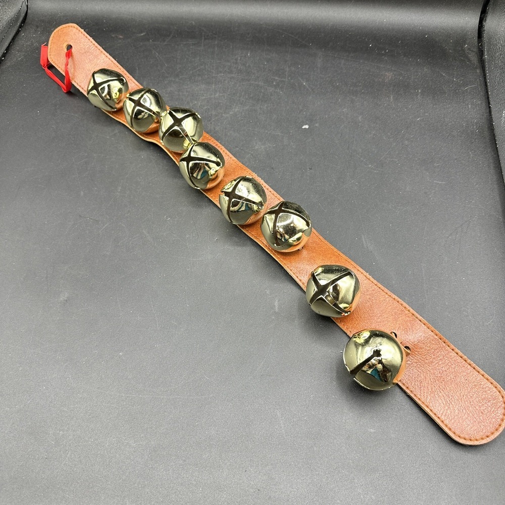 XMAS Faux LEATHER STRAPS w/8 2" XL Horse Sleigh Bells HANGING WALL DECOR 23"